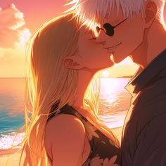 an anime couple kissing on the beach with the sun setting in the backgroud