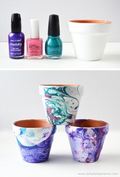 three different vases with nail polishes on them and one has a flower pot in it