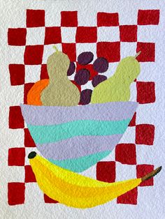 a painting of fruit in a bowl on a red and white checkerboard background