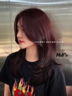 Wine Brown Hair Color, Dark Red Hair Korean, Burgundy Dark Brown Hair, Dark Red Hair On Asian, Asian Burgundy Hair, Cherry Brown Hair Short, Wine Red Hair Highlights, Burgundy Hair Asian, Dark Cherry Red Hair Burgundy