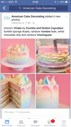 an instagram page for cake decorating with images of unicorn cakes and rainbows