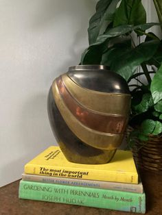 three books stacked on top of each other next to a vase and potted plant