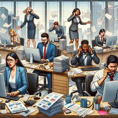 an office scene with many people working on computers and talking on the phone in front of them