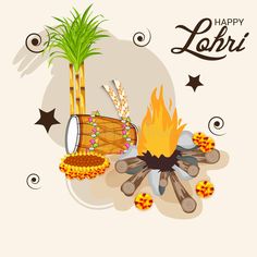 happy lohri festival with bonfire and palm tree on white background royalty illustration stock photo