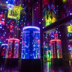 an array of colorful lights in a building