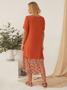 Vintage Two Pieces Short Sleeve O-neck Patchwork Dress Patchwork Shorts, Short Sleeve Maxi Dresses, Vintage Style Dresses, Patchwork Dress, Color Pick, Maxi Dress With Sleeves, Two Pieces, Dresses Online, Orange Color