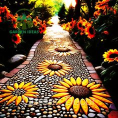 a garden path with sunflowers painted on it