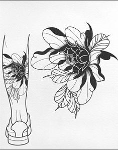 a black and white drawing of a vase with sunflowers in it next to another vase