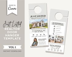 two door hangers with the words just listed realtor and an image of a house