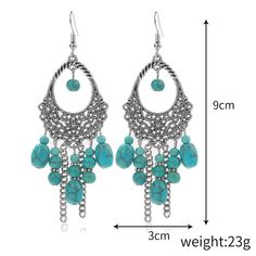 Product Name: Women Boho Turquoise Earring Vintage Ethnic Retro Boho Earring Item NO.: 21554419 Weight: 0.05 kg = 0.1102 lb = 1.7637 oz Category: Accessories> Jewelry Tag: NECKLACE Creation Time: 2023-03-13 Size: Weight: 8~20g/pcs (Perfect weight, comfortable to wear). Necklace Material:Alloy + Faux Turquoise,Epoxy.Nickel-free, Lead-free, Cadmium Free and Hypoallergenic Bohemian Turquoise Earrings For Festival, Bohemian Turquoise Chandelier Drop Earrings, Turquoise Metal Beaded Bohemian Earrings, Bohemian Turquoise Chandelier Earrings For Festivals, Bohemian Turquoise Metal Earrings, Bohemian Turquoise Beaded Round Earrings, Turquoise Earrings For Festival, Traditional Turquoise Dangle Chandelier Earrings, Turquoise Bohemian Beaded Earrings For Pierced Ears