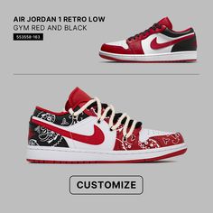 "Do you prefer the original Air Jordan 1 Low 'Reverse Black Toe' Gym Red and Black or the custom made version?😎 Answer in the comment! Retro Red Custom Sneakers For Streetwear, Custom Leather Sneakers With Red Sole For Streetwear, Retro Red Custom Sneakers With Rubber Sole, Custom Black Low-top Sneakers, Retro Leather Custom Sneakers For Streetwear, Custom Leather Sneakers, Custom Black Lace-up Sneakers, Retro Black Custom Sneakers With Rubber Sole, Black Retro Custom Sneakers With Rubber Sole