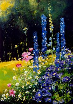 an oil painting of wildflowers and bluebells