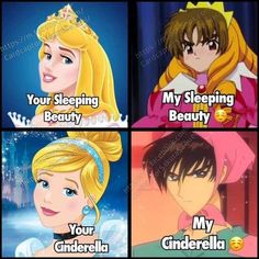 the four princesses from disney's sleeping beauty are shown in three different languages