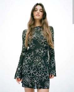 Long Sleeve Embroidered Mini Dress For Fall, Embroidered Long Sleeve Mini Dress For Fall, Fitted Embroidered Mini Dress, Chic Fitted Embroidered Mini Dress, Black Embroidered Long Sleeve Mini Dress, Long Sleeve Embroidered Dresses For Night Out, Embroidered Fitted Mini Cocktail Dress, Long Sleeve Floral Embroidered Mini Dress For Cocktail, Embellished Spring Mini Dress