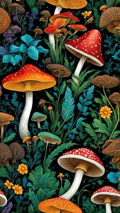 an image of many mushrooms in the grass with flowers and plants around them on a black background