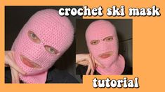 a person wearing a pink crochet ski mask with the words crochet ski mask on it