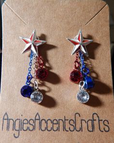 Post style star dangle red white and blue earrings Patriotic Red Star-shaped Earrings, Patriotic Red Star Earrings, Patriotic Dangle Earrings For Independence Day, Red Dangle Earrings For 4th Of July, Red Dangle Jewelry For 4th Of July, Patriotic Silver Dangle Earrings, Silver Dangle Patriotic Earrings, Red Dangle Jewelry For Independence Day, Red Star-shaped Earrings With Star Charm