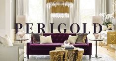 a living room with purple couches and chandelier in the background that says perigoid