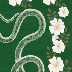 an image of a snake and flowers on a green background with white flowers in the middle