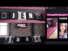 a couch with some pillows on it and an ad for gify radio in the background