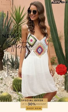 Openwork Sleeveless Embroidery Dress White Halter Neck Crochet Dress, White V-neck Sleeveless Dress For Beach Season, Embroidered Spaghetti Strap Summer Dress, White Sleeveless Dress With Spaghetti Straps For Vacation, V-neck Dress With Floral Embroidery For Beach Season, Summer Sleeveless Mini Dress With Floral Embroidery, White Sleeveless Sundress As Beach Cover-up, White Sleeveless Dress For Beach Season, White Sleeveless Beach Dress For Party