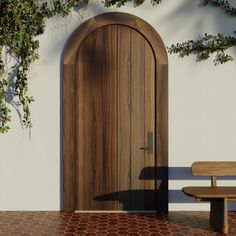 a wooden door with a bench in front of it