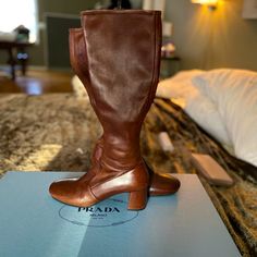 Like New Prada Brown Boots - Only Worn Once - Purchased From Neiman Marcus In 2017 For $1200.00 Price Is On Label - Paperwork Attached With Original Prada Box. Leather Boots With Padded Low Heel, Designer Leather Boots With Removable Insole, Designer Leather Boots Medium Width, Designer Calf Leather Boots With Padded Heel, Designer Calf Leather Boots With Almond Toe, Luxury Leather Boots With Padded Heel, Luxury Low Heel Leather Boots, Luxury Formal Boots With Medium Fit, Designer Brown Boots With Leather Lining