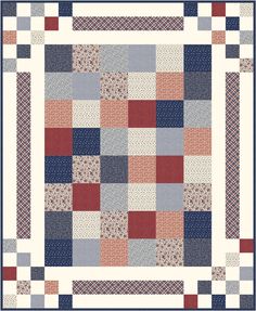 a blue and red patchwork quilt with squares in the center, on a white background