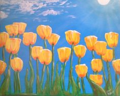 an oil painting of yellow tulips against a blue sky with the sun in the background