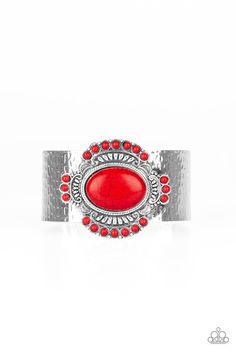 CANYON CRAFTED - RED Radiating with fiery red stones and tribal inspired patterns, an ornate stone frame is pressed into the center of a hammered silver cuff for an artisan flair. Sold as one individual bracelet. ﻿ORDERED 08 JUL 19 p9se-rdxx-165xx Stone Frame, Red Bracelet, Pink Jewels, Red Stones, Red Bracelets, Handcrafted Accessories, Yellow Stone, Fiery Red, Paparazzi Accessories