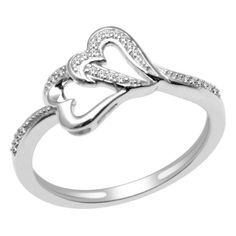 Simple and romantic, this charming fashion ring will win her heart. Expertly crafted in sleek sterling silver, this design features polished and diamond-accented open hearts nestled side-by-side in an everlasting embrace. Additional accent diamonds and beaded detailing grace the ring's shank, completing this exquisite design. A look she'll treasure, this ring is finished with a bright polished shine. Custom made to fit her ring size. Sterling silver rings cannot be resized after purchase. Double Heart Ring, Her Ring, Handmade Gold Jewellery, Mens Gold Jewelry, Double Heart, Fashion Ring, Sterling Silver Necklace Pendants, Side By Side, Diamond Stone