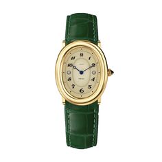 This vintage-inspired timepiece features a creamy latte dial with graceful numerals, mysterious deep blue hands, and an elegant textured strap. The golden steel case beautifully complements the deep green strap, showcasing timeless elegance that withstands the test of time.Case: 24mm steel case with polished and satin finish.Movement: Swiss Ronda 762Waterproofness: Water-resistant up to 3 bar (approx. 30 meters/100 feet).Crystal: Scratch resistant sapphire crystal.Bracelet: interchangeable black Green Watch, Jewelry Lookbook, Diamond Watch, Jewelry Inspo, Dream Jewelry, Look At You, Lush Green, Deep Green, Cute Jewelry