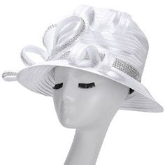 Introducing the Giovanna HR22103-WHT Church Hat, a true staple for any fashion-forward individual attending a special occasion, religious service, or social gathering. Elegance is at the forefront of its design, which boasts a classic white palette, making it an effortless match with a variety of attire. The glossy finish on the hat adds a layer of sophistication, ensuring you stand out in a crowd with its eye-catching sheen. The hat is gracefully adorned with a beautiful arrangement of fabric flowers and looped ribbons. These details are meticulously placed, adding a three-dimensional aspect that elevates the hat's appearance. The rhinestone embellishments are the cherry on top, scattering light with every turn and casting a subtle yet enchanting sparkle around you. Aside from its visual White Fitted Cloche Hat For Formal Occasions, Elegant White Mini Fedora Hat, White Fedora Costume Hat For Party, White Fedora Mini Hat For Party, White Fitted Fedora Mini Hat, White Formal Hat For Spring, White Spring Cloche Hat For Party, White Cloche Hat For Spring Party, White Fedora Mini Hat For Wedding