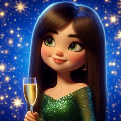 a cartoon girl holding a glass of champagne in front of stars and the night sky