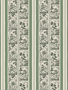 a green and white striped wallpaper with floral designs on the border, in vertical stripes