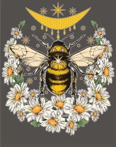 a drawing of a bee with daisies around it and the moon in the background