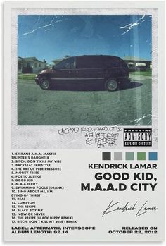 an ad for the good kid, m a d city featuring a black van and blue sky