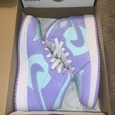 Rare Color Scheme On These Big Kid’s Air Jordan 1 Mids, Size 5.5y. Worn Once, But Still Have Box. Light Purple, Baby Blue & White In Color. Condition 10/10 School Air, Jordan 1 Mids, Rare Jordans, Awesome Shoes, Box Light, Purple Baby, 16th Birthday Gifts, Kids Jordans, Air Jordan 1 Mid