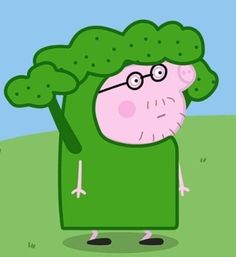 a cartoon character is holding up a large piece of broccoli