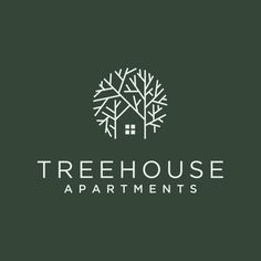 the treehouse apartments logo is shown in white on a dark green background with trees