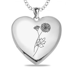 She'll love the floral details of this darling Personalized heart locket. Fashioned sterling silver, this heart-shaped style features the birth flower you select etched along the front side. See drop down menu and flower chart for options. Further customize the piece with either two photos or a photo and one line of text - up to 10 characters in length - set and inscribed along the inside. All photo pieces are scratch resistant, 100% waterproof, and are available in high resolution color or blac Mother's Day Jewelry With Heart Charm And Flower Shape, Mother's Day White Gold Locket Necklace, Mother's Day Flower Jewelry With Heart Charm, Mother's Day Flower Shaped Jewelry With Heart Charm, Sterling Silver Flower Keepsake Jewelry, Sterling Silver Flower Jewelry Keepsake, Sterling Silver Flower Jewelry For Keepsake, Mother's Day Sterling Silver Locket Necklace Keepsake, Mother's Day Sterling Silver Locket Necklace With Heart Charm