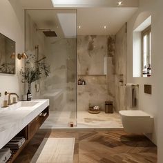 a bathroom with two sinks, a toilet and a walk in shower