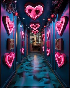 the hallway is decorated with neon lights and hearts