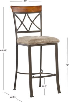 an image of a bar stool with measurements for the seat and backrests on it