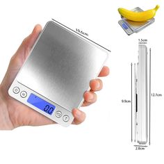 a person holding a scale with a banana on it