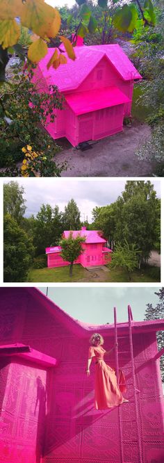 the pink house has been painted to look like it's floating in the air