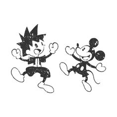 two black and white drawings of mickey and minnie mouse characters with hearts on their hands