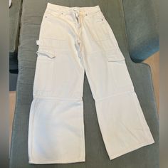 Brand: Edikted Brand New With Tags Trendy White Pants With Side Pockets, White High Rise Cargo Style Bottoms, White Casual Cargo Style Bottoms, Casual White Jeans With Cargo Pockets, High Rise White Cargo Jeans For Spring, White High Rise Cargo Jeans For Spring, Trendy High Waist White Cargo Jeans, White Wide Leg Bottoms With Hip Pockets, High Rise White Cargo Style Bottoms