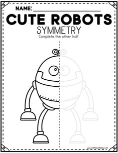 Symmetry most often refers to mirror or reflective symmetry. It means that when you divide an image in the center, the image should match. We prepared cute and fun Symmetry activity that you kids will love! Some kids may still find it hard so we added guided lines in each file. However, we also added without guides for independent students. You can use Cute Robots Symmetry for any Robot themed activities! You can also use this for parties and more! There will be a total of 20 pages that has 10 i Robots Preschool, Reflective Symmetry, Word Analogies, Robot Activity, Symmetry Activities, Bingo For Kids, Kids Sunday School Lessons, Kindergarten Phonics Worksheets, Baby Play Activities