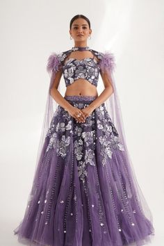 Lehenga Set Lavender Festive Dress For Reception, Festive Lavender Dress For Reception, Lavender Party Sharara With Zari Work, Lavender Party Dress With Zari Work, Party Sets With Lavender Color And Dupatta, Lavender Dress With Zari Work For Party, Lavender Anarkali Set For Party, Lavender Sharara For Eid Parties, Fitted Purple Sets With Mirror Work